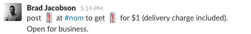 Slack message announcing the launch of :Nom: in #general